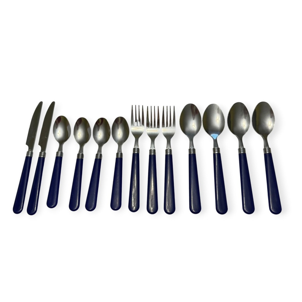 Gibson Everyday 13 Pc Cobalt Blue Handle Stainless Flatware Set Fork Spoon Knife
